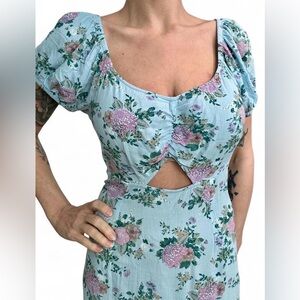 SO Light Blue Floral Puff Sleeve Midi Dress Ruffle Cut Out Sweetheart L